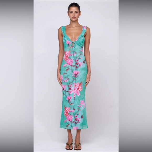 RESA Dresses & Skirts - RESA Teal Floral Midi Dress with Pink Blossoms